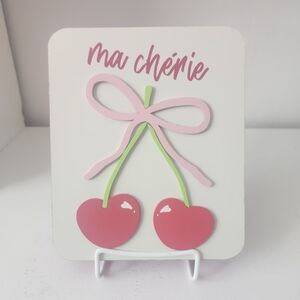 Pink and Green Cherry Ma Cherie Wall Decor Wooden 7 X 8 In
